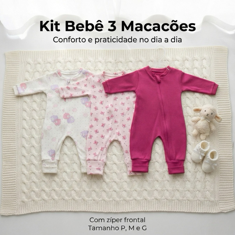 Kit 3 Macacões Pijama Bebê Menina Vira Pé com zíper 100% algodão Suedine P M G Estampado e Liso
