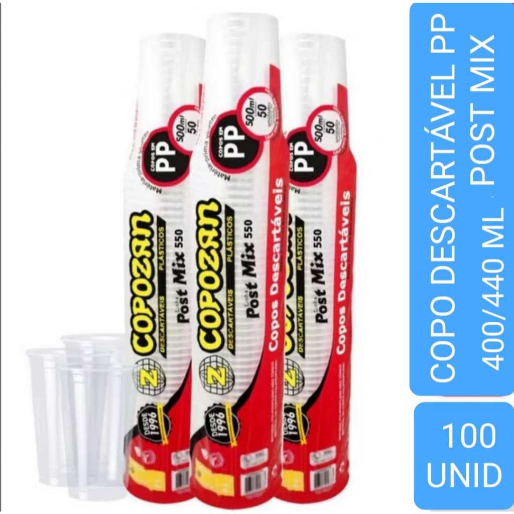 COPO LISO DESCARTÁVEL 400ML / 440ML PP - POST MIX COPOZAN 100 UNIDADES.