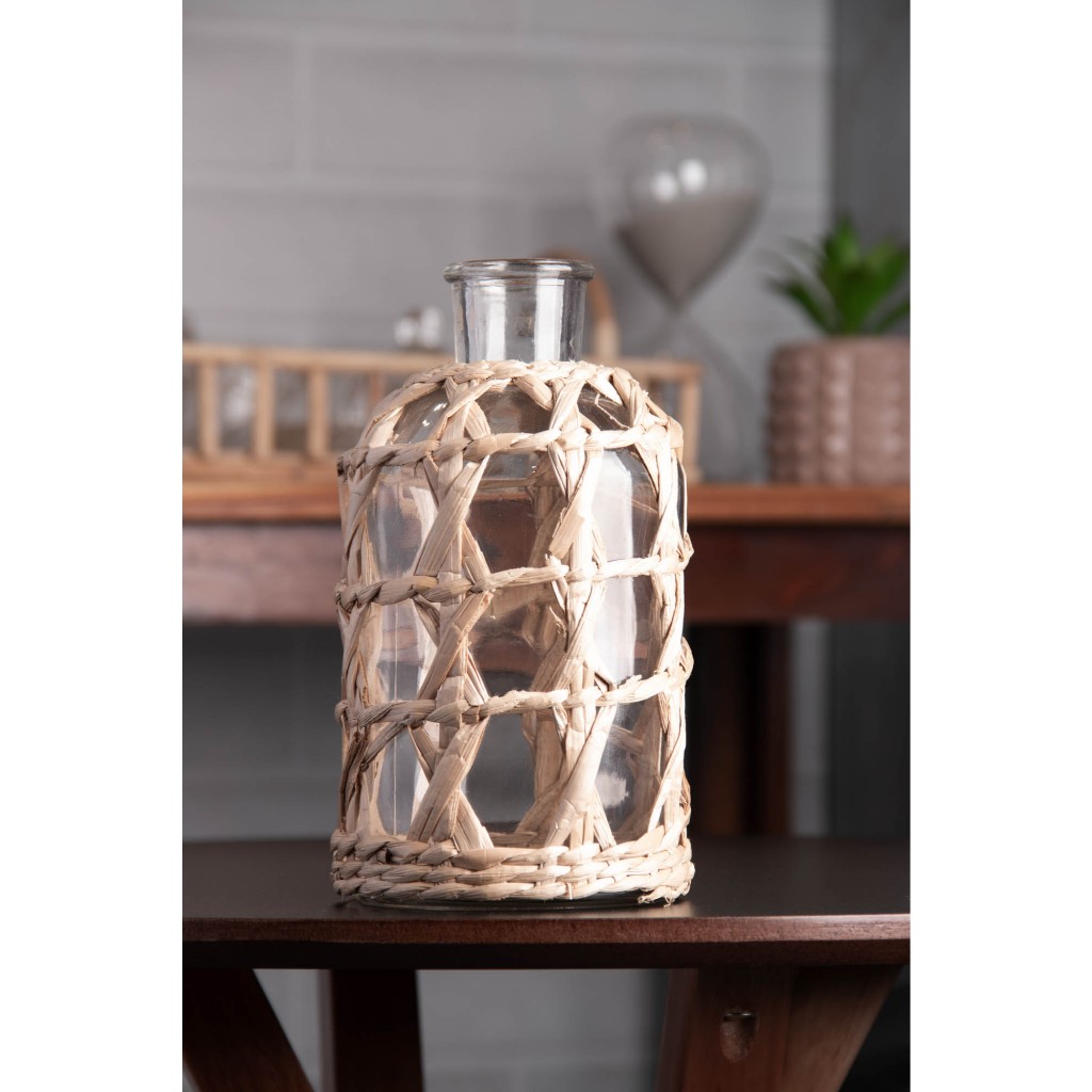 Wolff Vaso de Vidro e Fibra Natural 11cm x 20cm Alto Padrão em Cada Peça