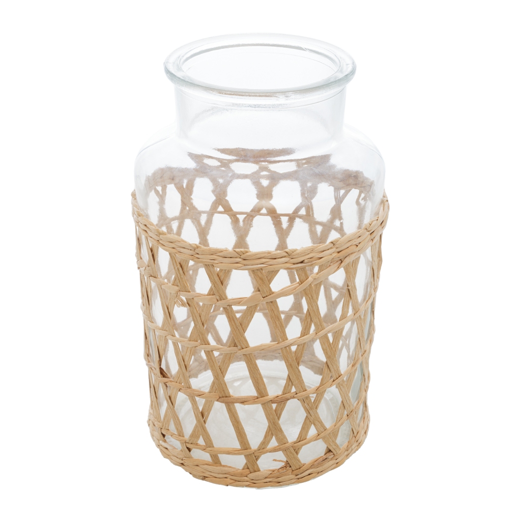 Wolff Vaso de Vidro e Fibra Natural 14cm x 23cm Estilo Refinado para seu Lar