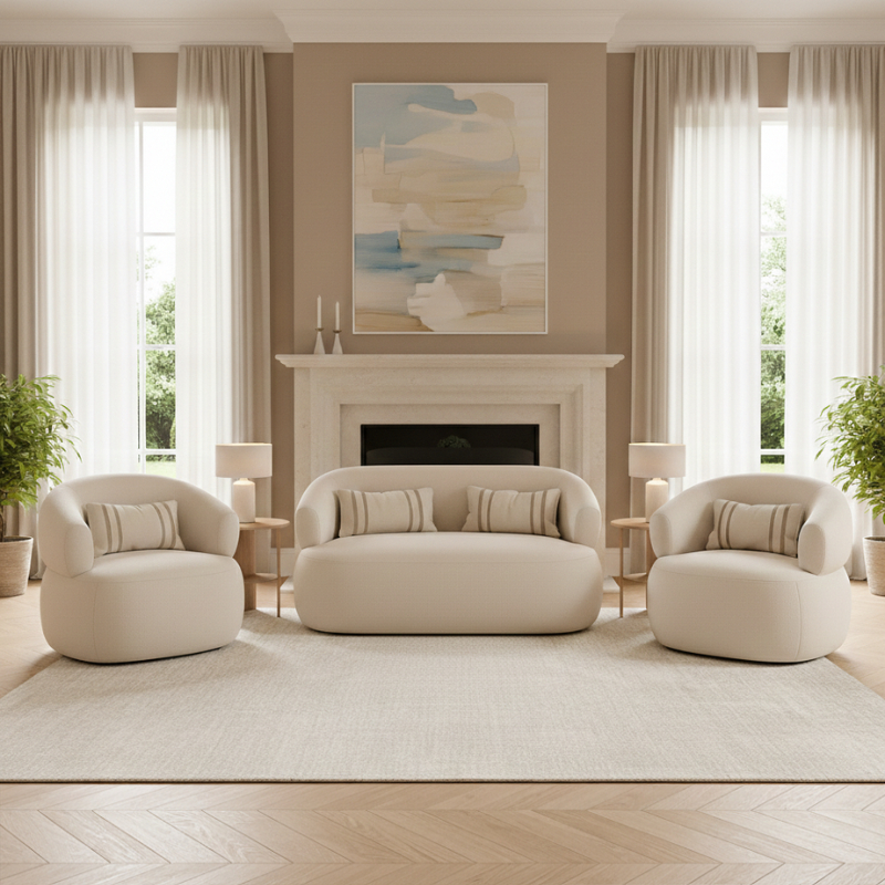 Conjunto Kit Namoradeira Com 2 Poltronas Serena Bouclê Off Design Orgânico Confortável Elegante Sala Estar Recepção – AV