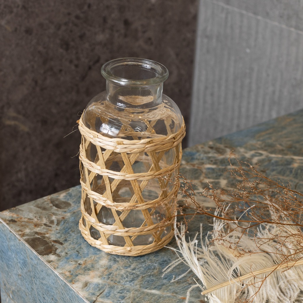 Wolff Vaso de Vidro e Fibra Natural 10cm x 19,5cm Sofisticação e Qualidade Premium
