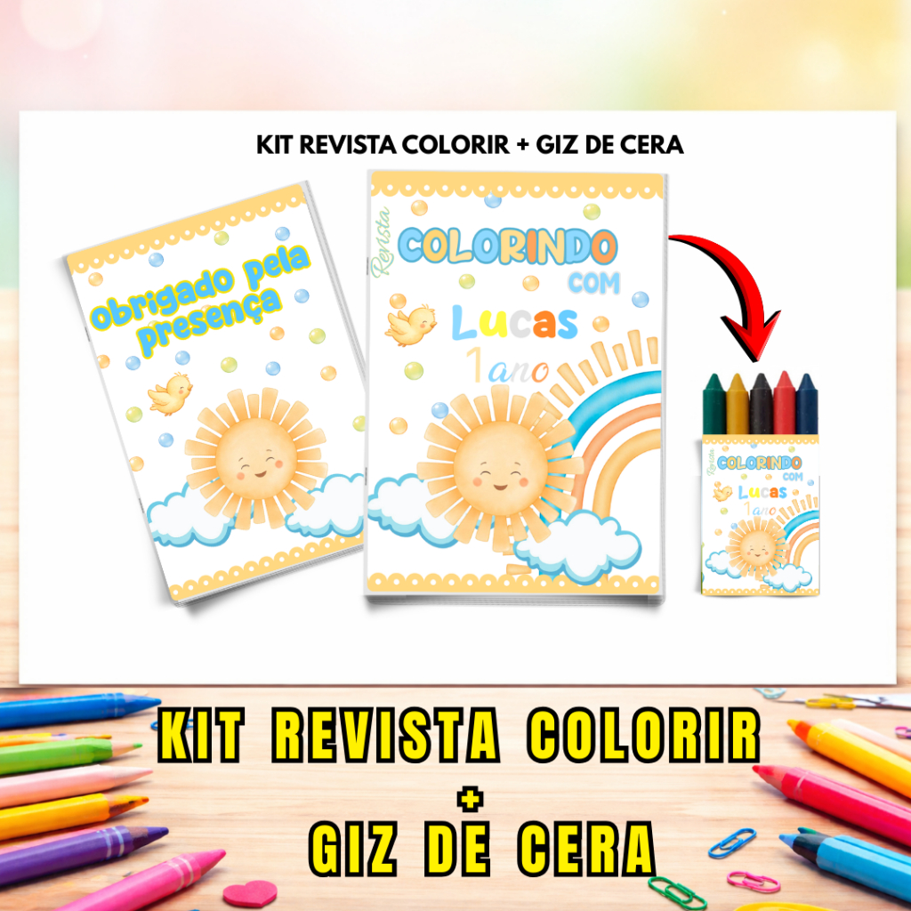 Kit Livrinhos de Colorir Infantil Personalizado + Giz de Cera Lembrancinha Aniversário Revistinhas Tema 365 Sorriso Azul