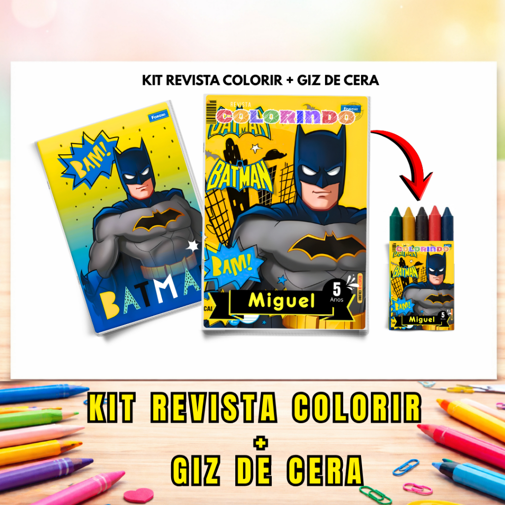 Kit Livrinhos de Colorir Infantil Personalizado + Giz de Cera | Lembrancinhas Aniversário Revistinhas Tema Batman