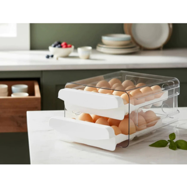 Gaveteiro duplo em plástico tipo porta 32 ovos com para cozinha geladeira