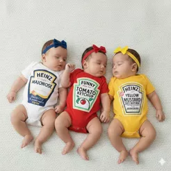 Kit 3 Bodys Bebês Fantasia Mostarda Maionese Ketchup – Com ou Sem Laço