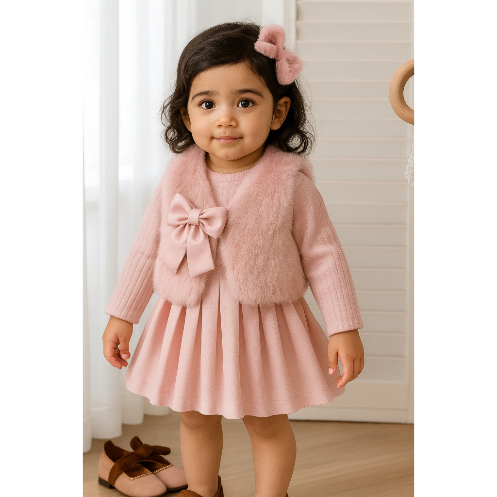 Colete de Pelúcia Infantil Luxo com Laço e Tiara – Rosa, Marrom, Branco e Preto