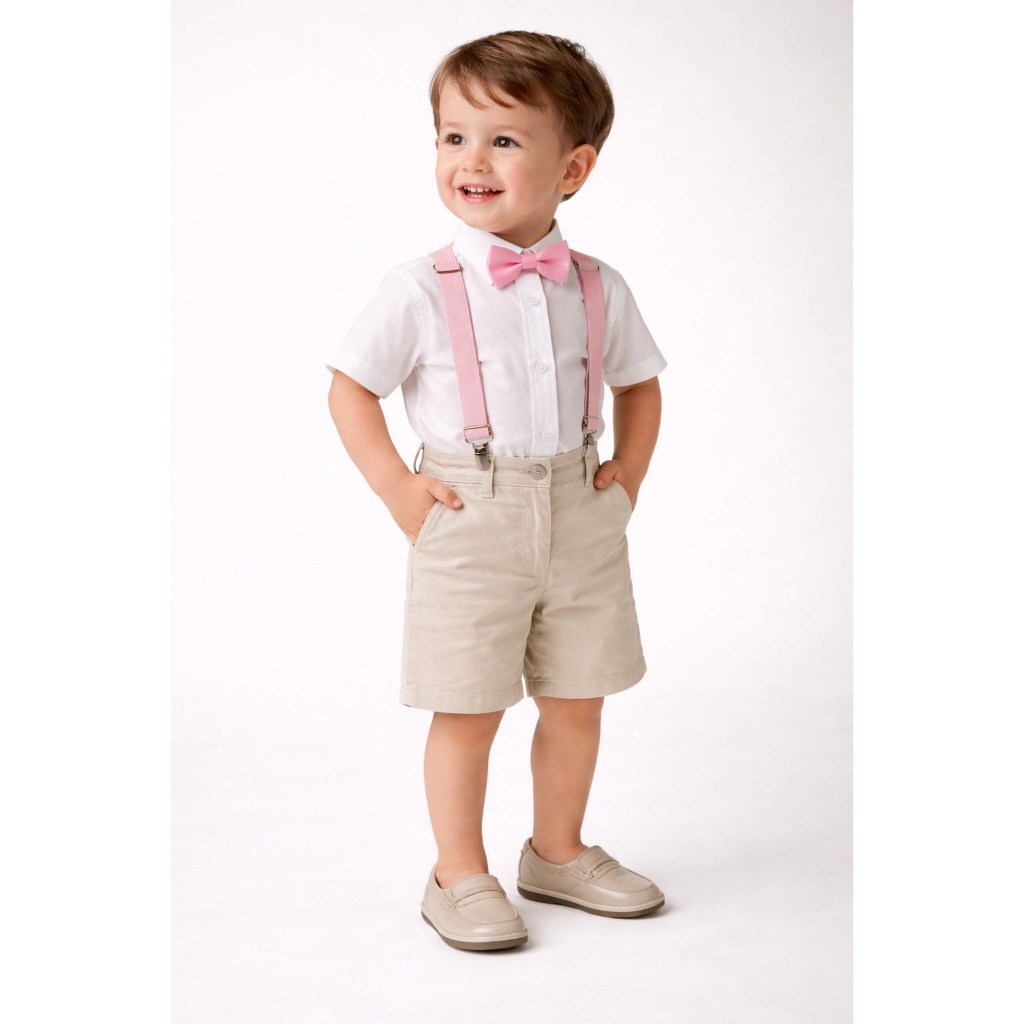 Roupa Pajem Conjunto Social Bermuda Bege Suspensório Gravata Rosa Bita Infantil Casamento Formatura