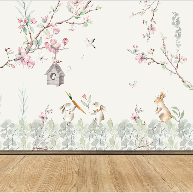 Papel de Parede ramos de flores encantado com passarinho infantil Sob Medida