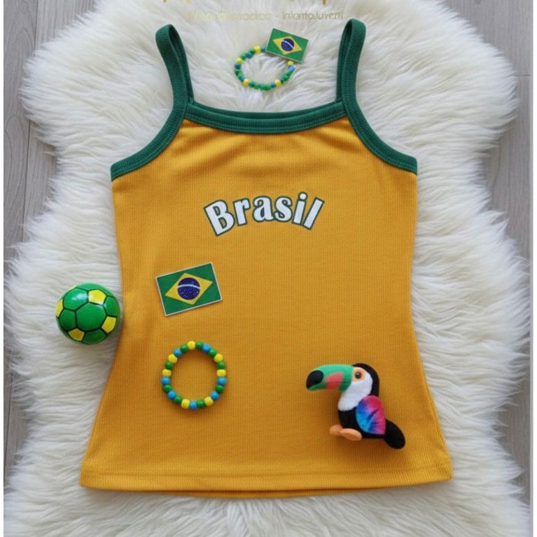 Blusa de alça, regata feminina infantil e juvenil copa do Brasil,  verão para usar em conjuntos malha ribana canelada.