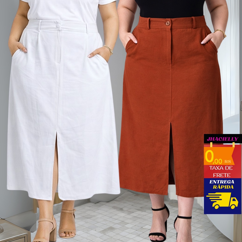 Saia Midi Plus Size Feminina Cintura Alta Elegante com Bolsos Fenda Zíper Tecido Marrant Sensoriale em Oferta na Shopee