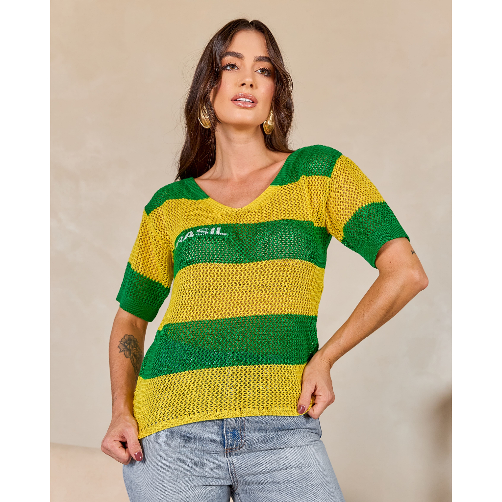 Camisa Tricot Brasil Tecido Vazado Decote V Look Brasil Copa do mundo Brazilcore Verde e Amarelo