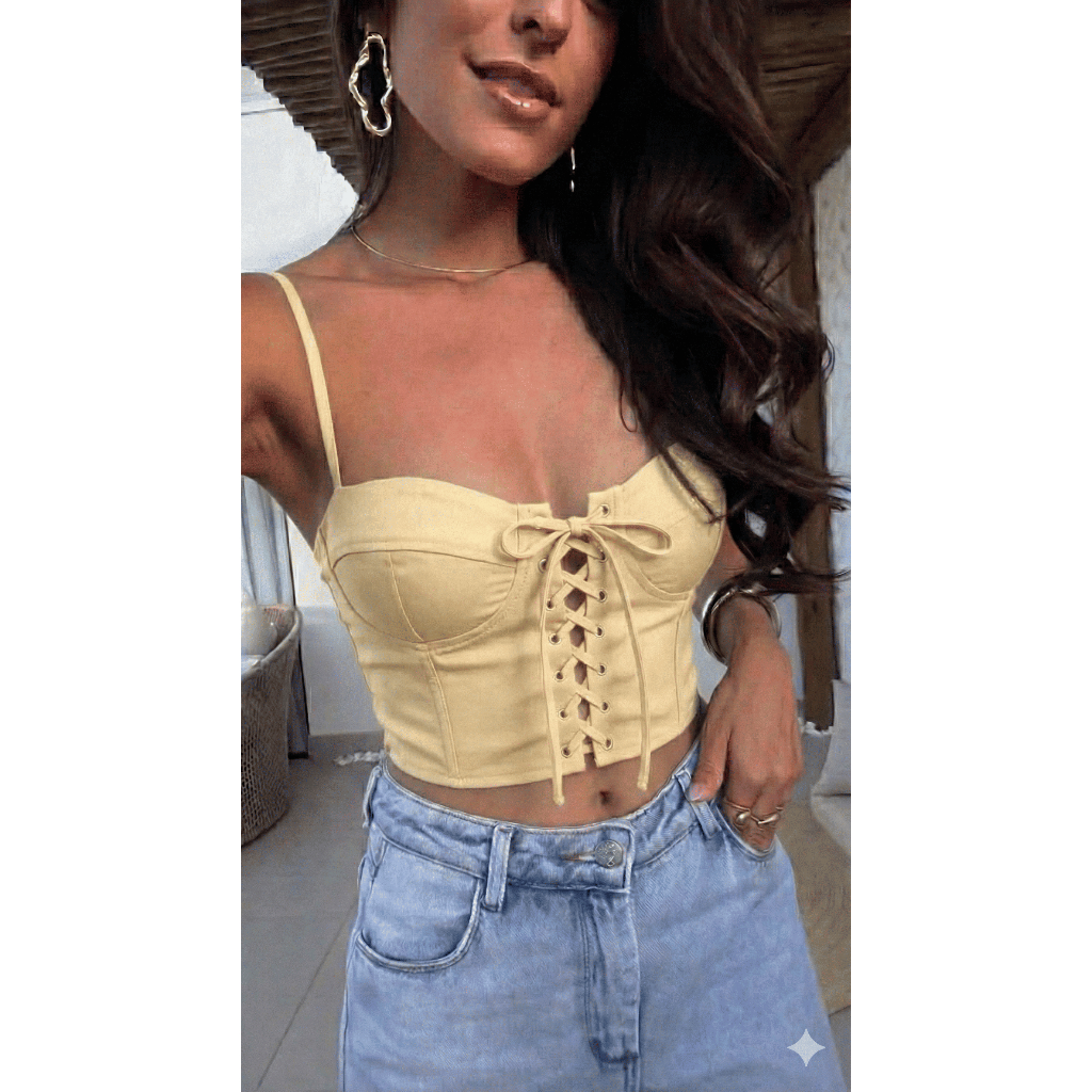 Top Cropped Corset Alfaiataria Amarração Frente Bojo Alcinha Tamanho Único Verão Carnaval