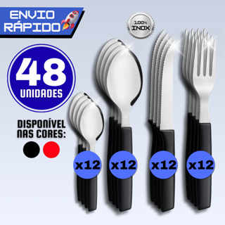 Talheres Inox Cabo Preto Vermelho, Jogo Talheres Coloridos Kits 18 a 48 Peças em Oferta na Shopee