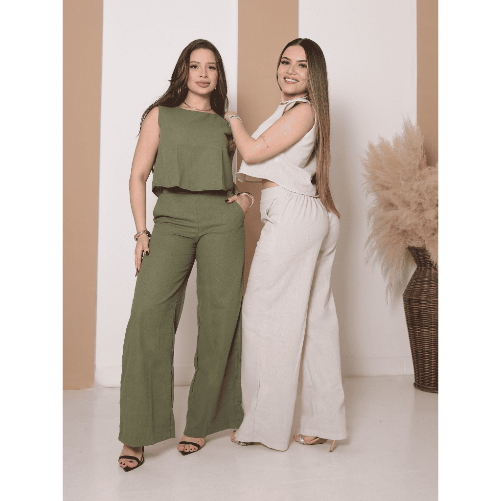 Conjunto Alfaiataria Linho Feminino Calça Pantalona e Blusa para Trabalhar Social em Oferta na Shopee