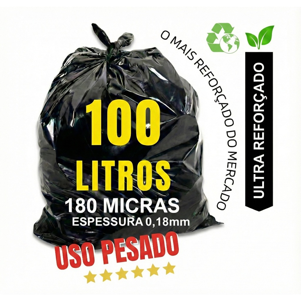 Saco de Lixo 100 Litros 180 Micras Preto - Super Resistente Limpeza Construção Residência Uso Pesado em Oferta na Shopee