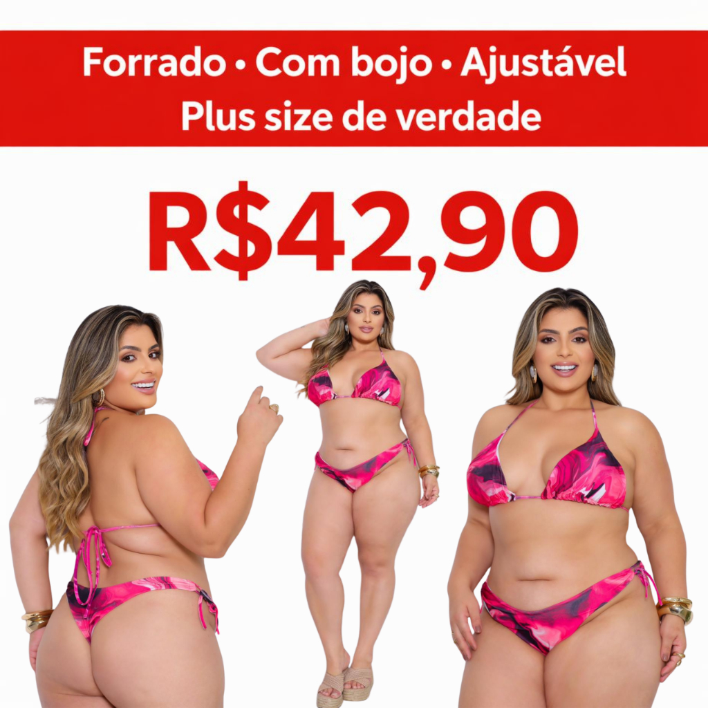 Biquíni Plus Size com Bojo Asa Delta Cortininha Piscina Verão Praia Sukine Biquine