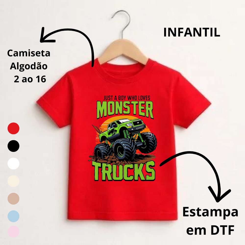 Camiseta Infantil Criança Estampada Monster Trucks Carro Grande Desenho Varias Cores Algodão 2 ao 16