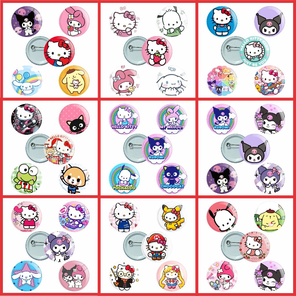 Botons Hello Kity - Kit 5 botons 3,5 cm - Bottons - Buttons - Kuromi - Cinamoroll - My Melody - Keroppi