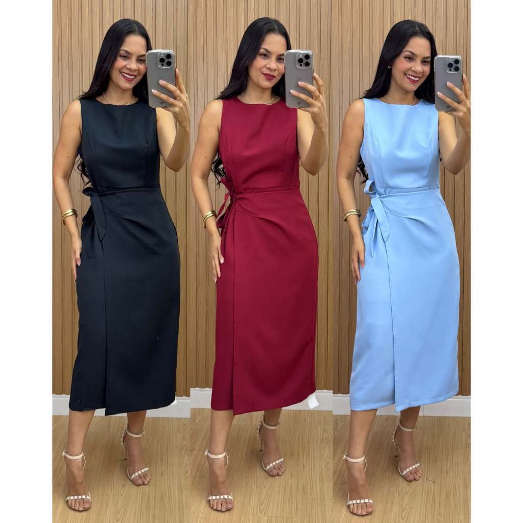 Vestido Feminino Alfaiataria Midi com Amarração Lateral Elegante