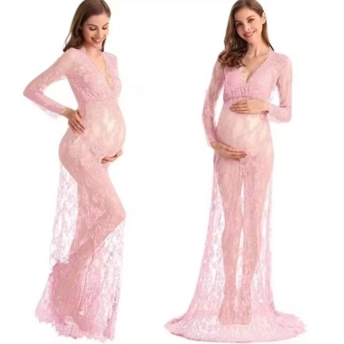 Vestido de Renda para ensaio Gestante ou Saída de Praia Sobreposição Rosa Claro