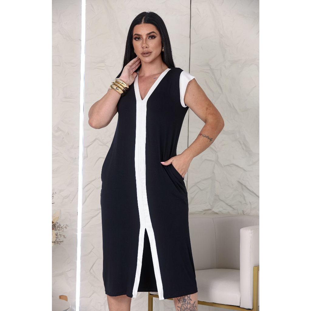 Vestido Midi Feminino Bicolor Com Bolsos e Fenda Frontal Decote em V Moda Casual Elegante em Oferta na Shopee