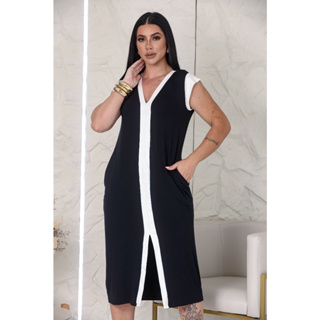 Vestido Midi Feminino Bicolor Com Bolsos e Fenda Frontal Decote em V Moda Casual Elegante em Oferta na Shopee