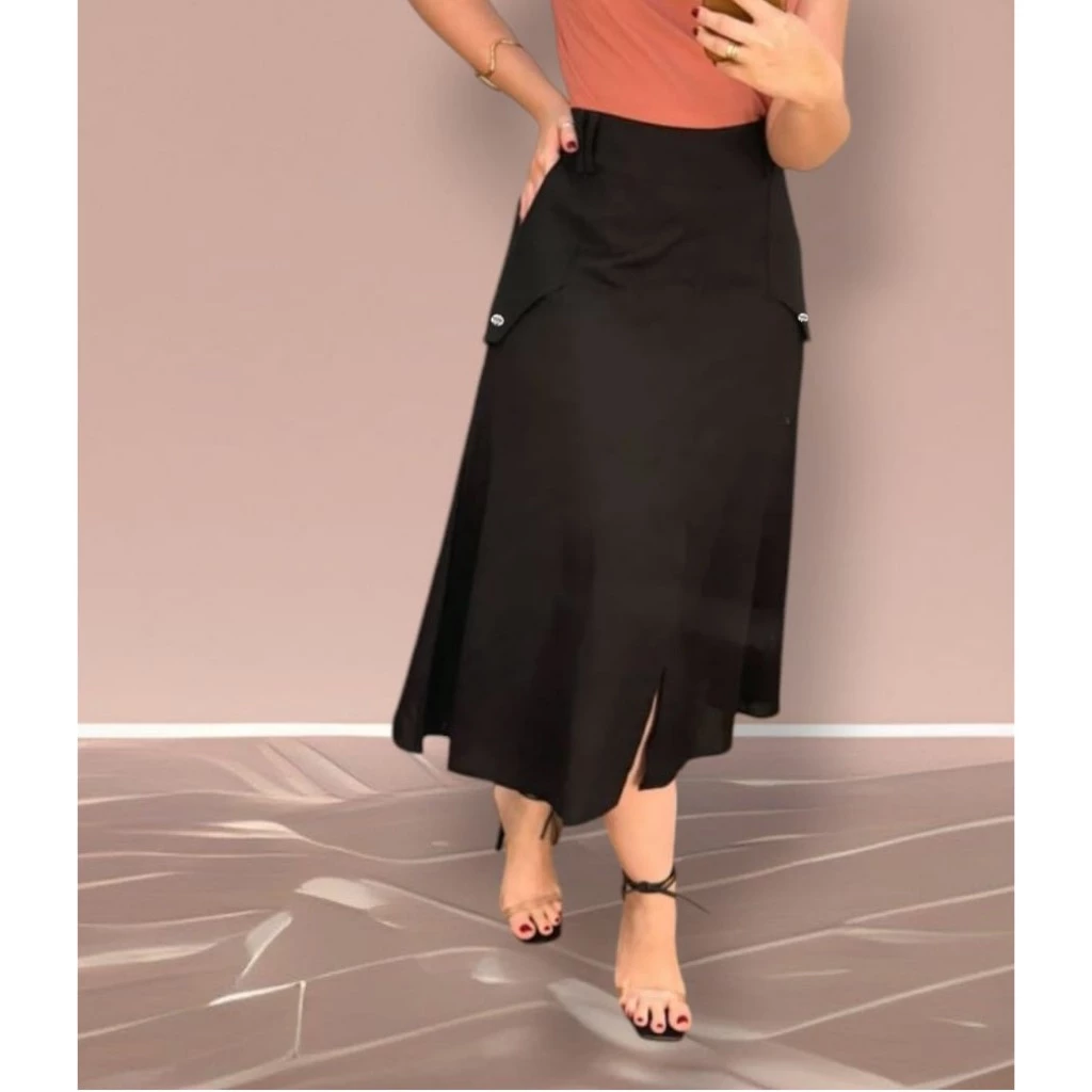 Saia Midi Feminina Tecido Linho premium Casual e Elegante, Cintura com Elástico tendencia 2026 — imagem 1