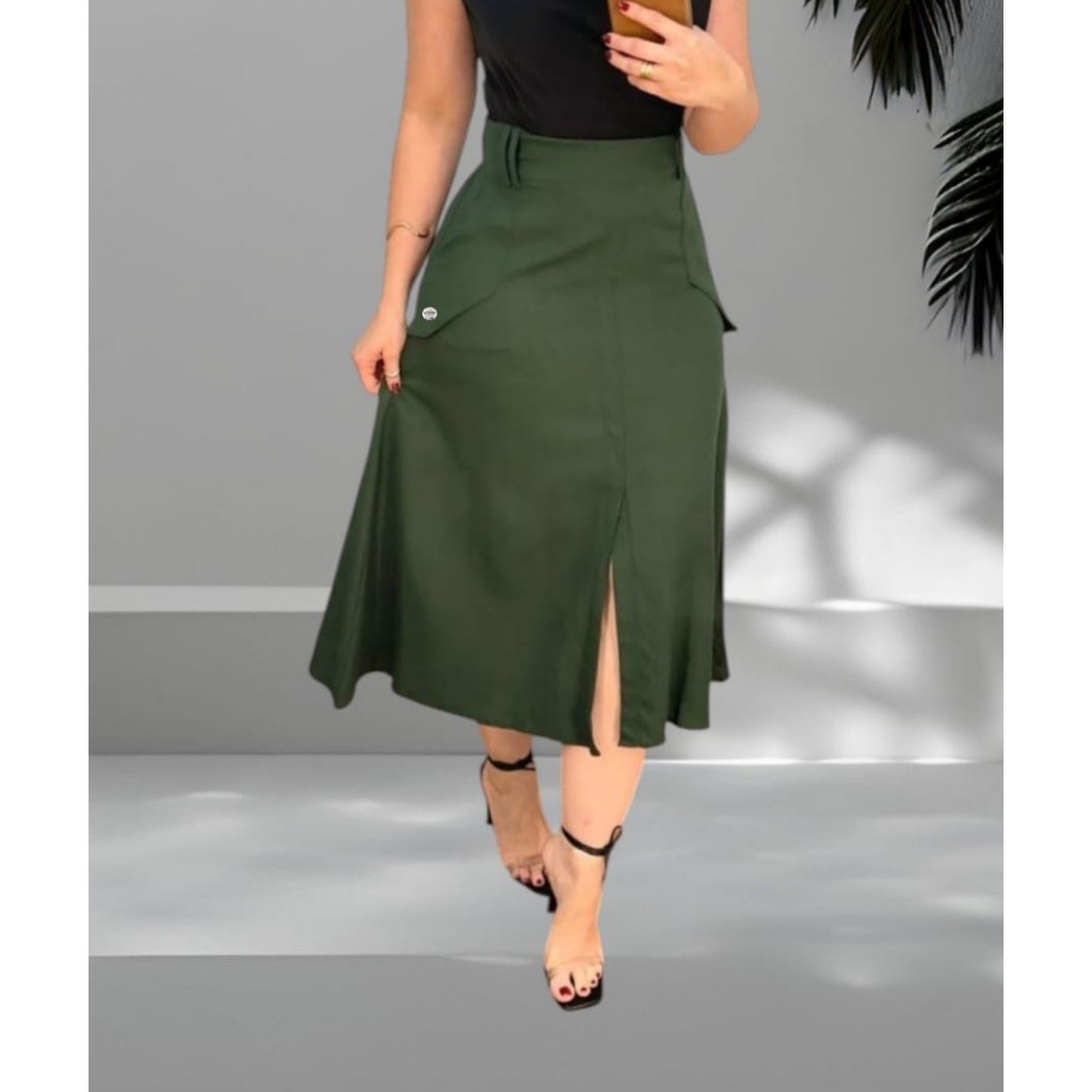 Saia Midi Feminina Tecido Linho premium Casual e Elegante, Cintura com Elástico tendencia 2026