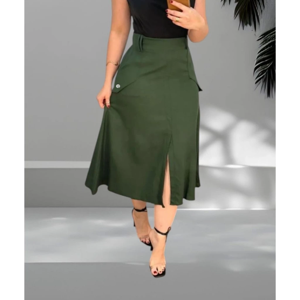Saia Midi Feminina Tecido Linho premium Casual e Elegante, Cintura com Elástico tendencia 2026 — imagem 1