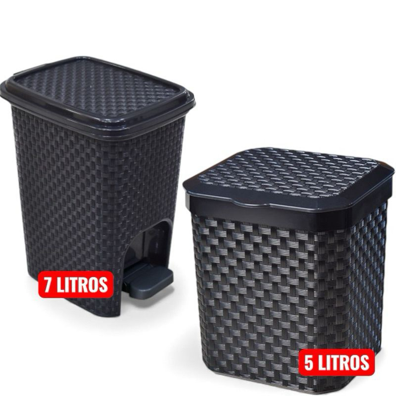 Lixeira Rattan Cesto 7 Litros com Pedal ou Lixeira Pia 5 Litros Cozinha Banheiro Escritório