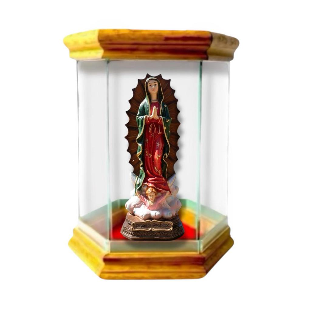Imagem Nossa Senhora De Guadalupe 15cm Resina Com Redoma De Vidro Oratório