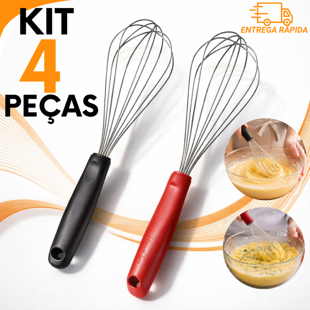 Kit 4 2 ou 1 Batedor de Claras de Aço Inox  Resistência Profissional e Facilidade no Uso profissional e Diario