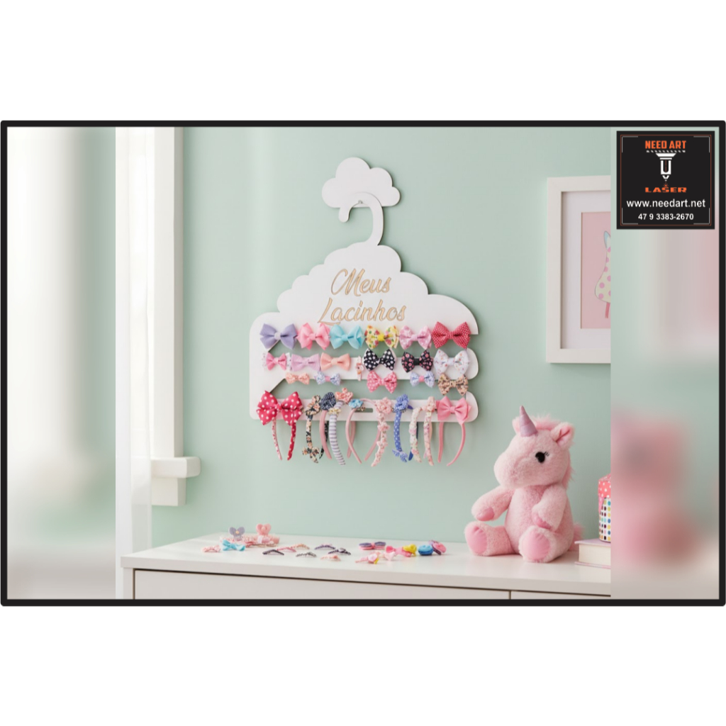 Cabide Organizador Porta Laços e Tiaras 37x36cm MDF 3mm Branco Premium