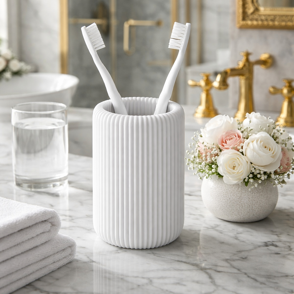 Copo Porta Escovas De Dente Premium Branco Texturizado Slim para Bancadas