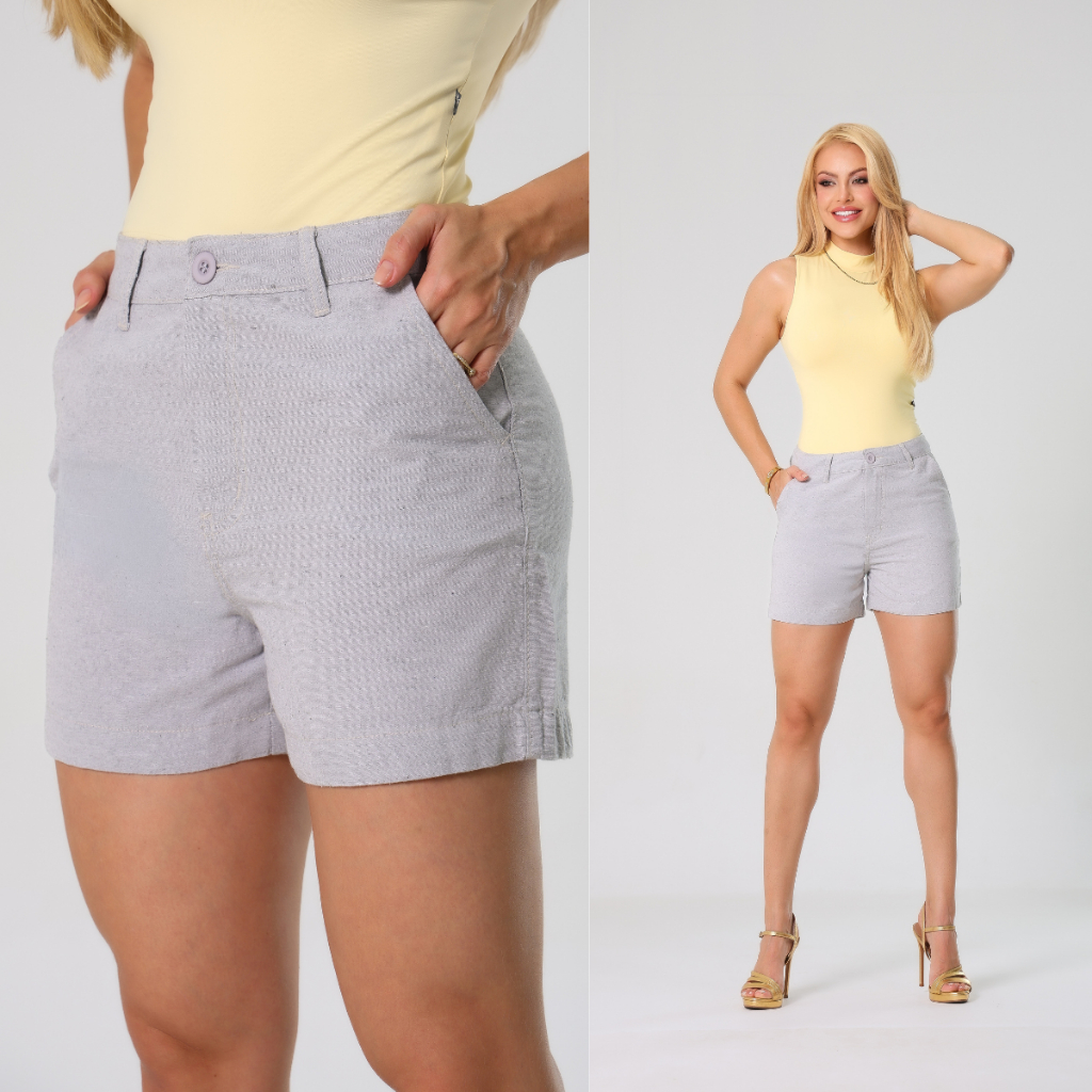 short bermuda no linho 100% feminino meia coxa social cós alto lisa bolso na frente
