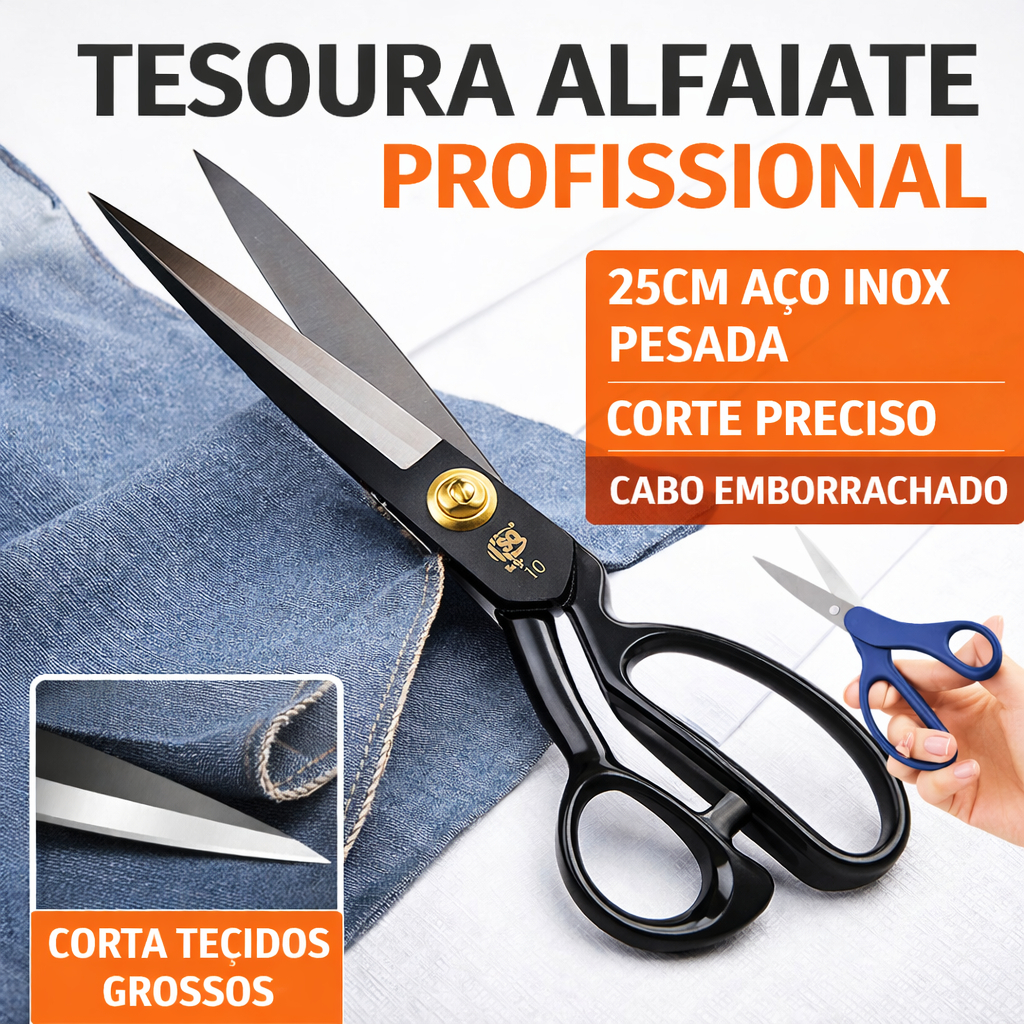 Tesoura Alfaiate Profissional 25cm Aço Inox Corte Preciso Tecido Couro Costura Cabo Emborrachado Top em Oferta na Shopee