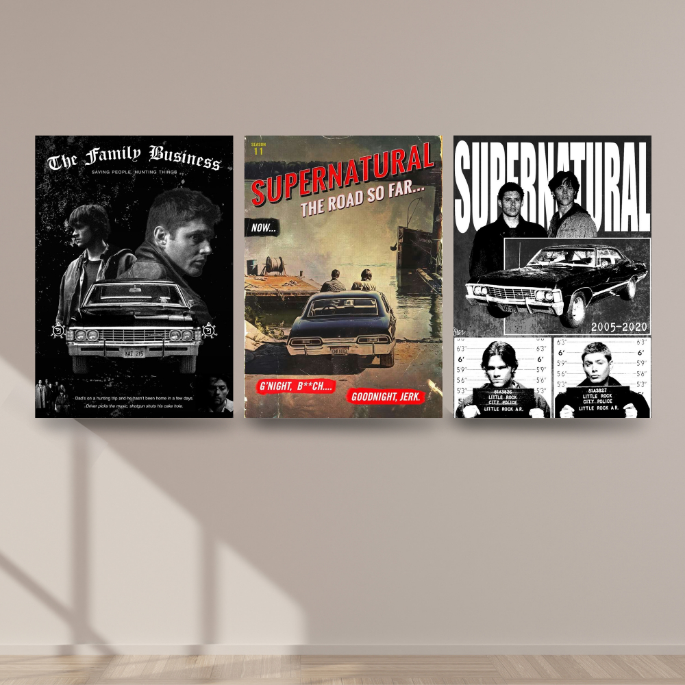 Kit Quadros Decorativos 3 Peças Supernatural Dean Winchester Sam Winchester Castiel Impala Série