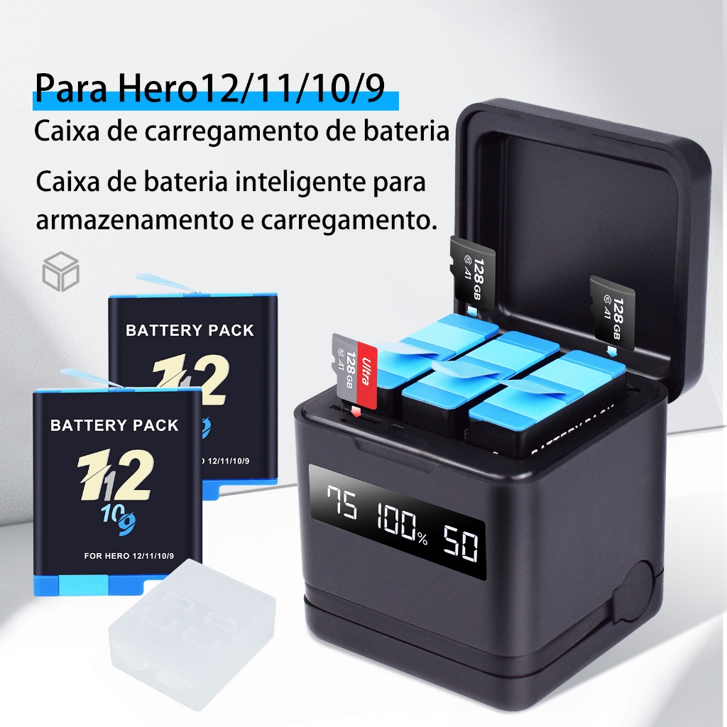 Kit Carregador De Câmera Gopro 3.85V 2000mAh 2 Decodificação Baterias Para Gopro Hero 9 10 11 12 Preto