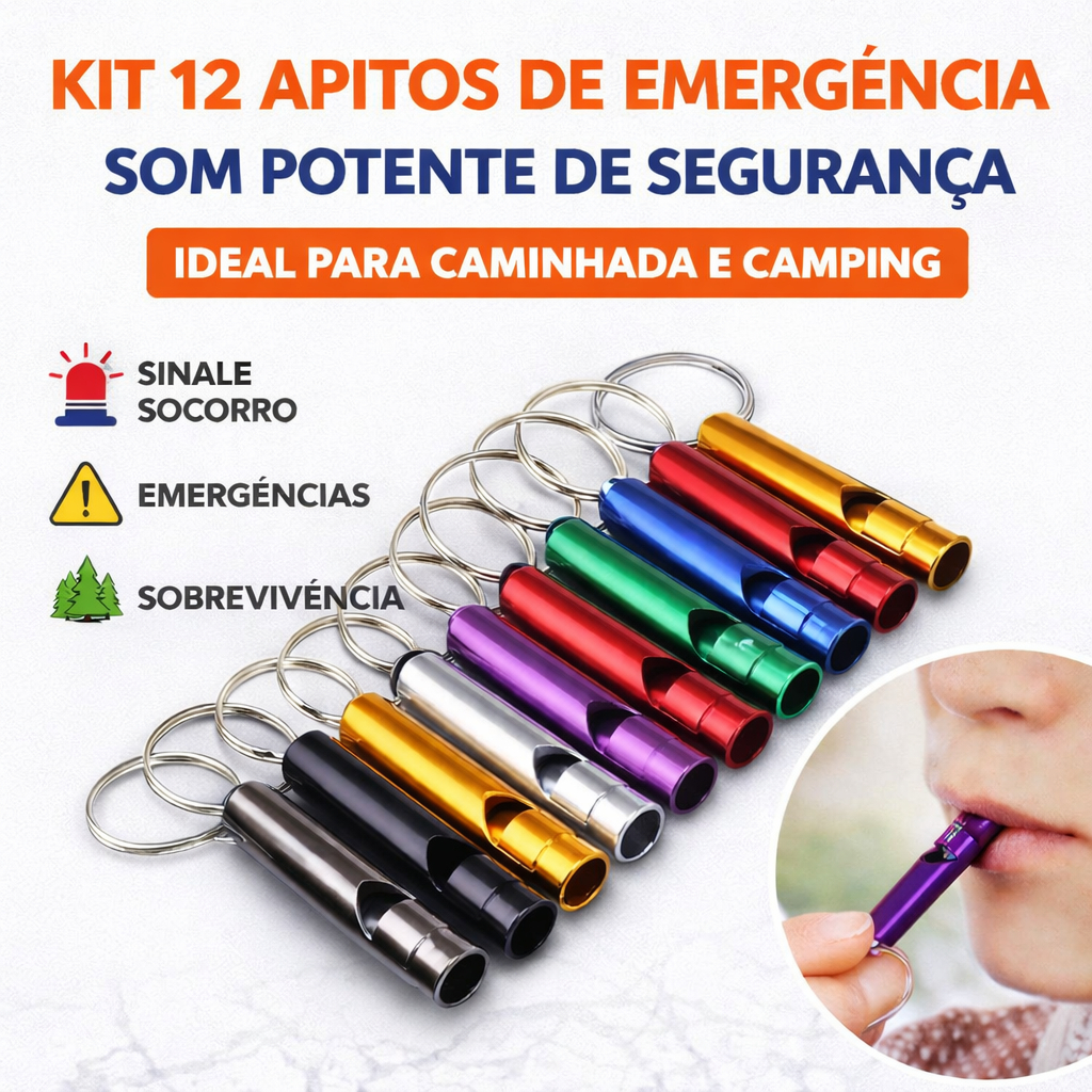 Kit 12 Apito de Emergência Segurança Sobrevivência Camping Caminhada Sinalização Escoteiros Atacado