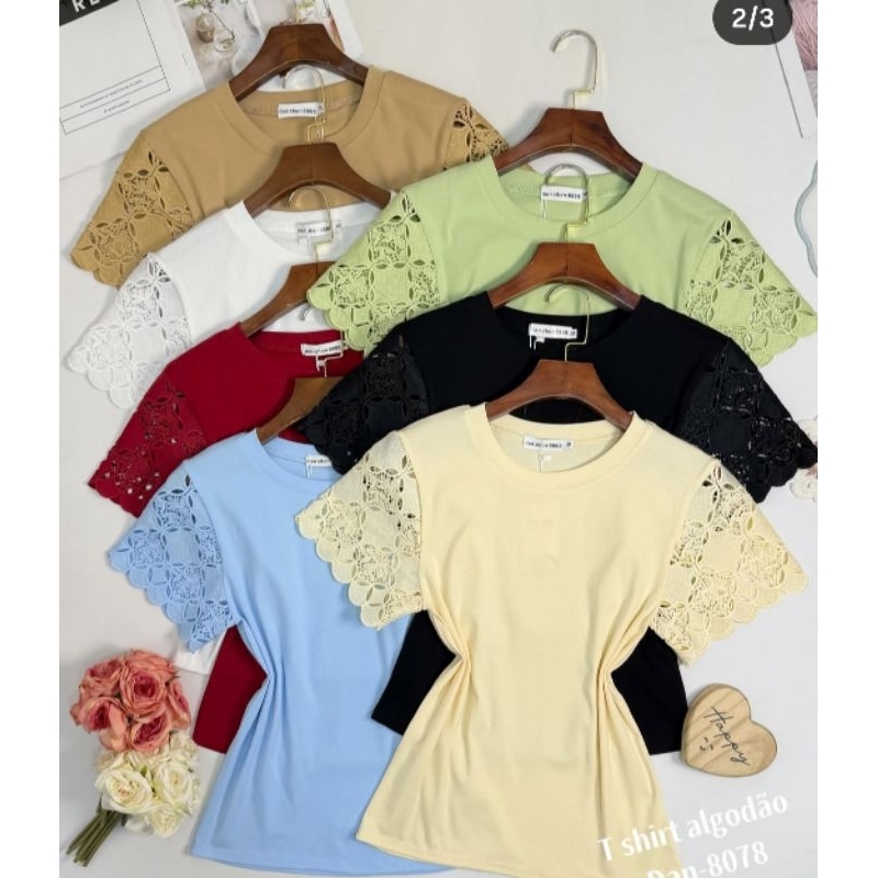 Blusa feminina de algodão manga vazada /  Tendência em Oferta na Shopee