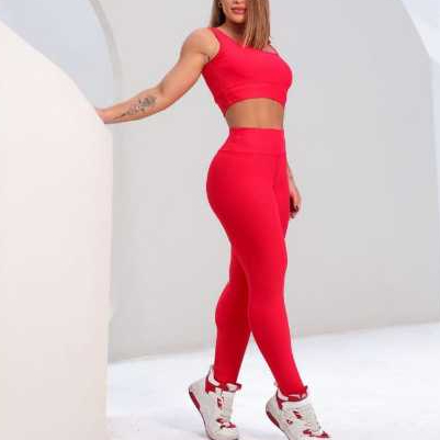 Conjunto Fitness Feminino Poliamida Calça + Top Cintura Alta Academia Treino Casual Alta Compressão