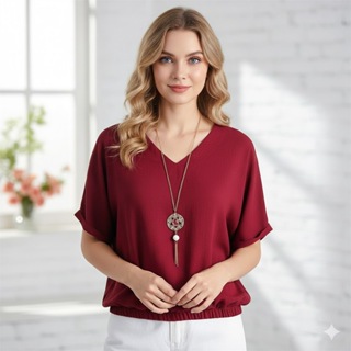 Blusa crepe duna feminina elastico na cintura gola V moda feminina de verão, solto em Oferta na Shopee