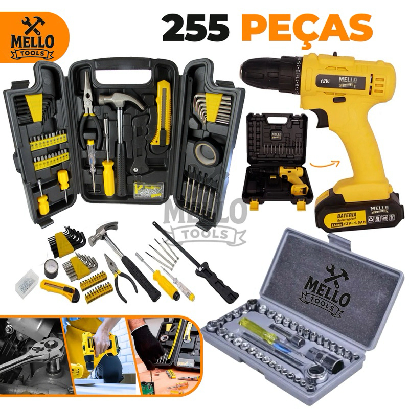 Jogo de Ferramentas 255 Peças com Maleta Completa + Parafusadeira 12V e Jogo De Soquetes em Oferta na Shopee