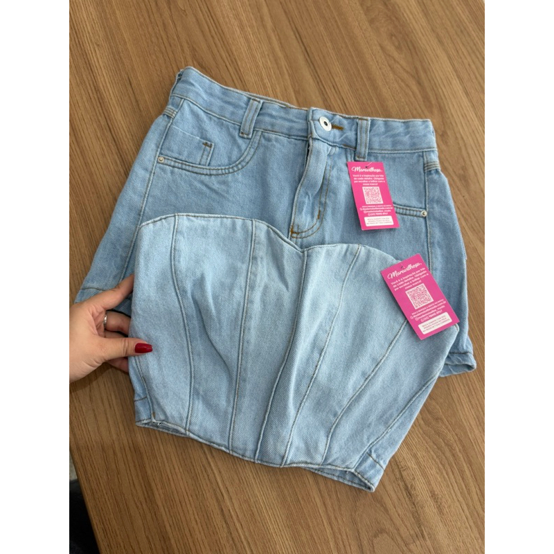 Conjunto Short Saia Cintura Alta e Corset Jeans Lavagem Clara - 100% Algodão Ano Novo em Oferta na Shopee