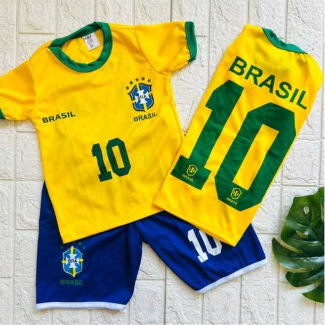 Conjunto Infantil Brasil Nº10 – Camisa e Shorts | Tamanho 2 ao 8 anos | Poliéster