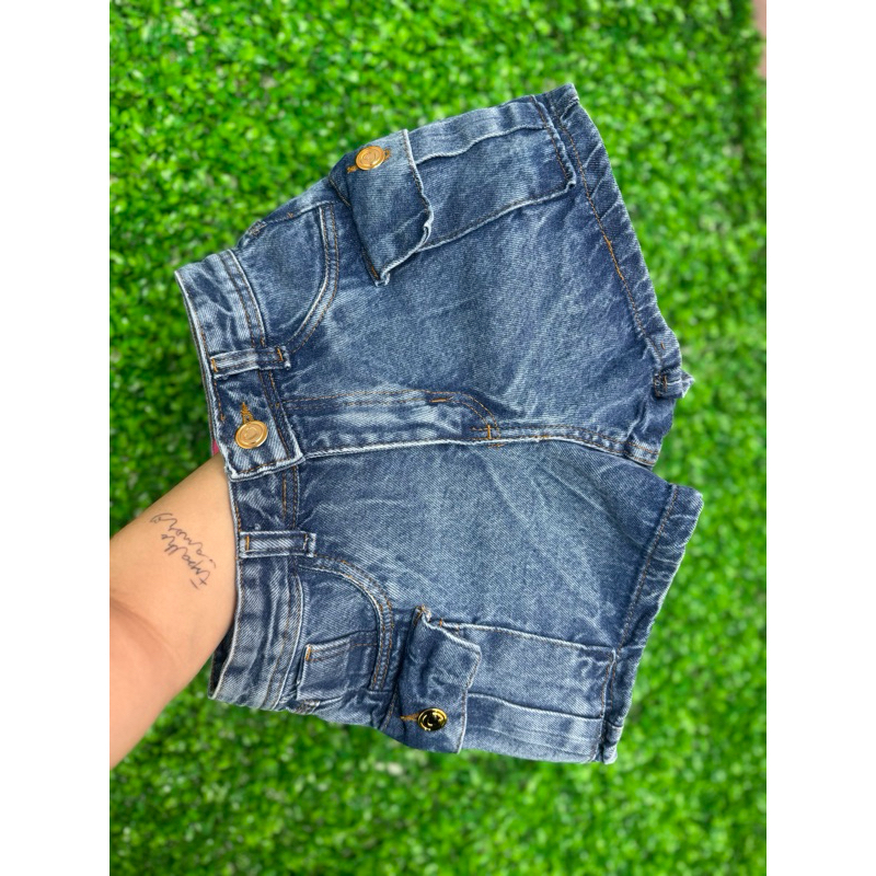 Short Jeans Cargo Feminino Marmorizado com Botões – Cós Alto | 100% Algodão (Sem Elastano) em Oferta na Shopee