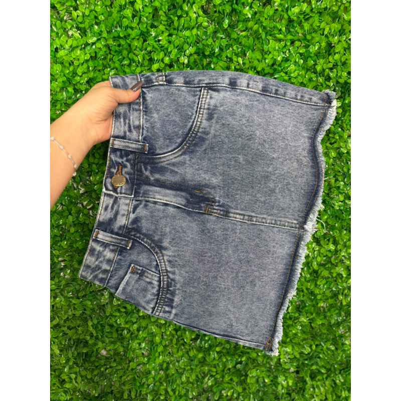 Saia Jeans Feminina Cintura Alta Lavagem Marmorizada Com Detalhes Na Barra- Sem Elastano em Oferta na Shopee