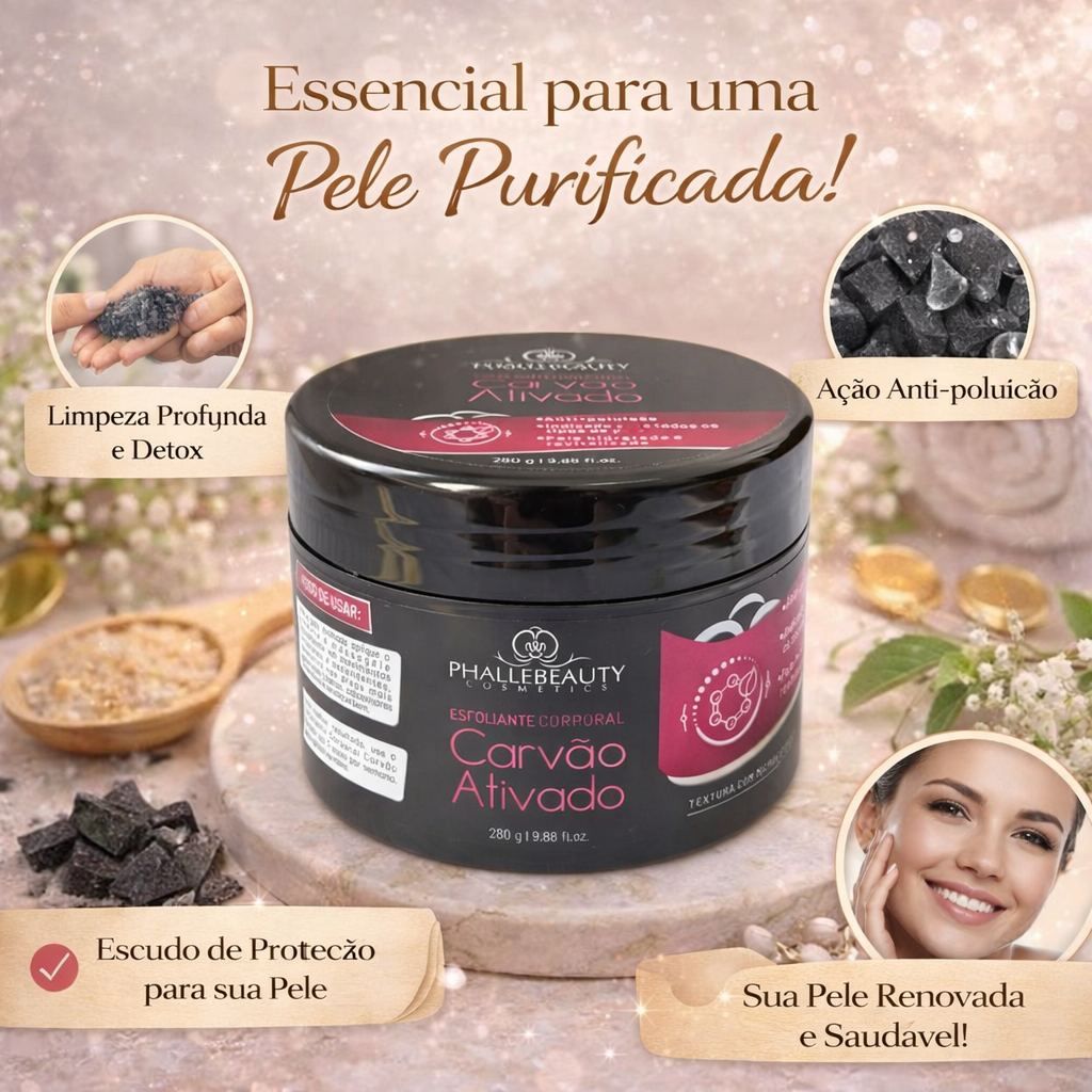 Esfoliante Corporal Carvão Ativado Phallebeauty 280g | Limpeza Profunda, Renovação da Pele