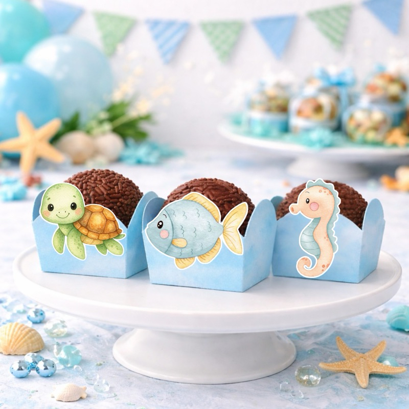Forminha Para Docinho 4 Pétalas Tema Fundo do Mar – Festa Infantil - Mesversário, Aniversário